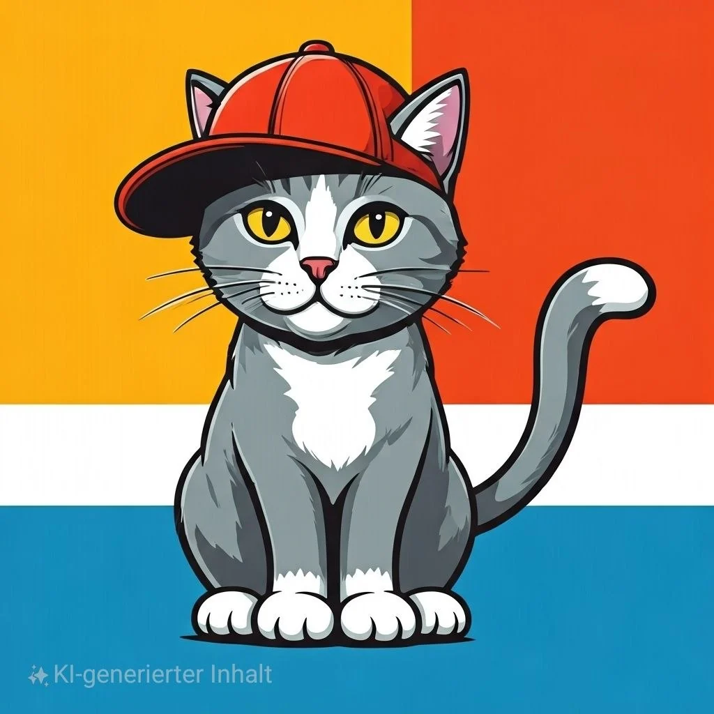 Früher KI-generierter Entwurf einer grau-weißen Katze mit gelben Augen und roter Basecap