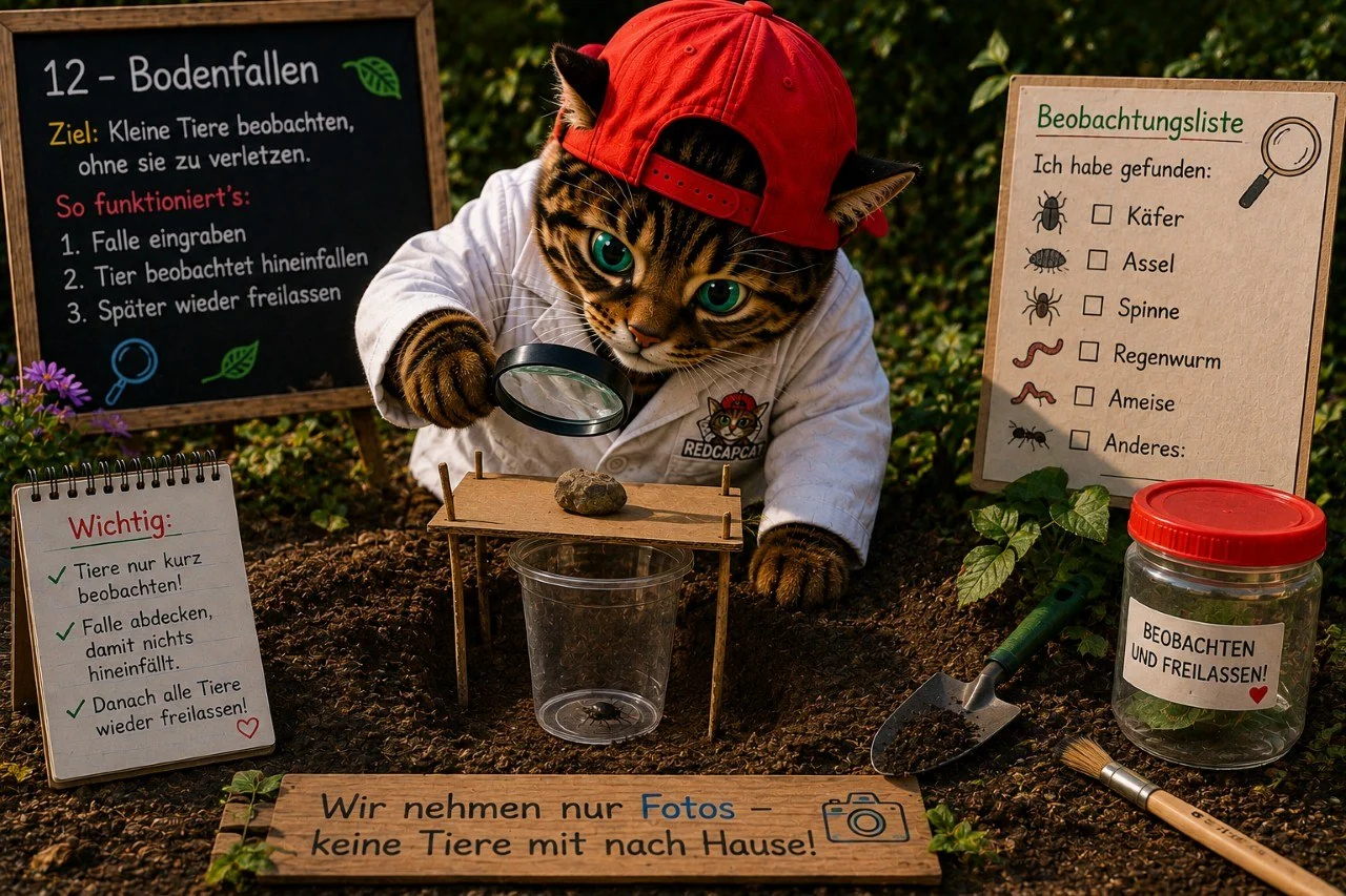 Corni beobachtet behutsam ein Bodentier in einer kontrollierten Becherfalle