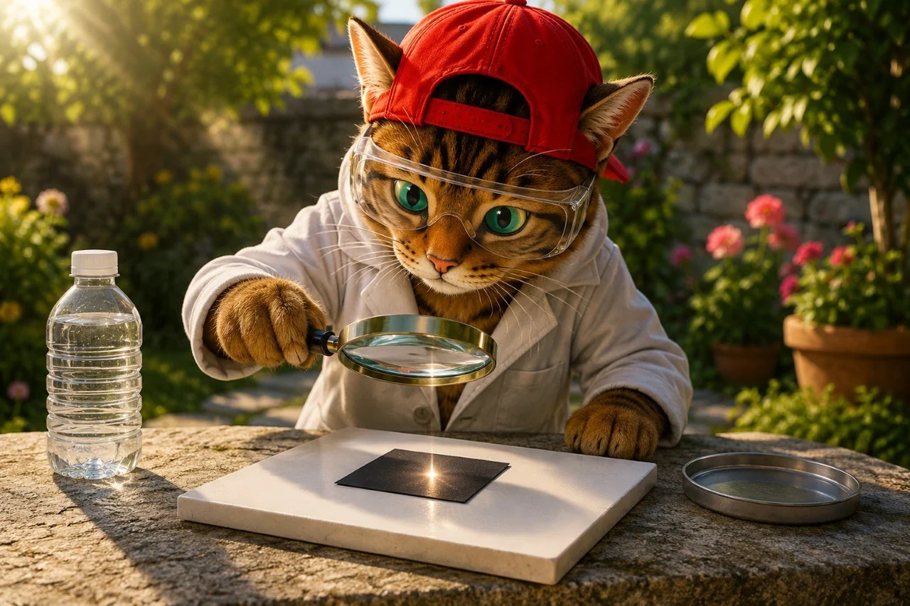 Corni bündelt unter Aufsicht Sonnenlicht mit einer Lupe auf schwarzem Papier