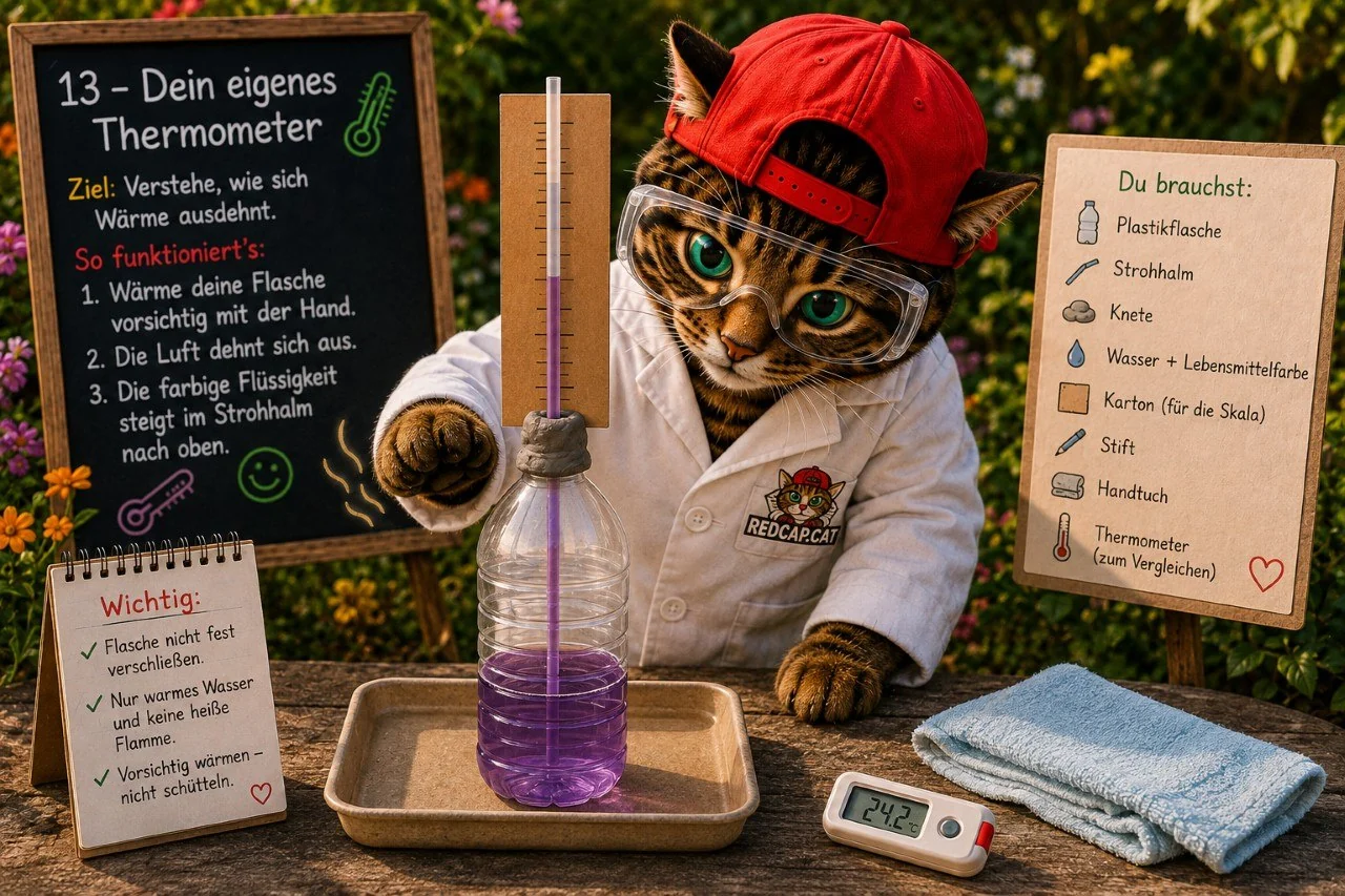Corni beobachtet den steigenden Wasserstand in einem selbst gebauten Thermometer