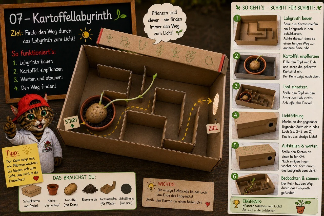 Corni kontrolliert einen Kartoffeltrieb in einem Papplabyrinth