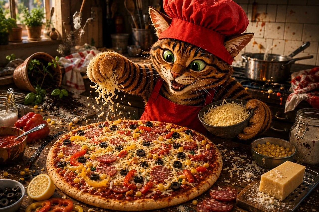 Corni belegt eine große bunte Pizza mit Käse