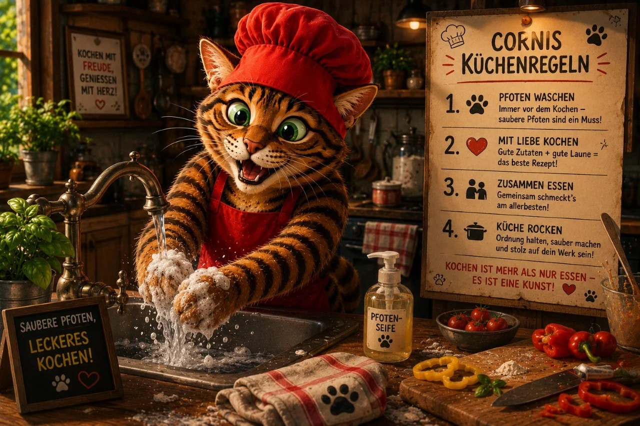 Corni wäscht vor dem Kochen gründlich die Pfoten