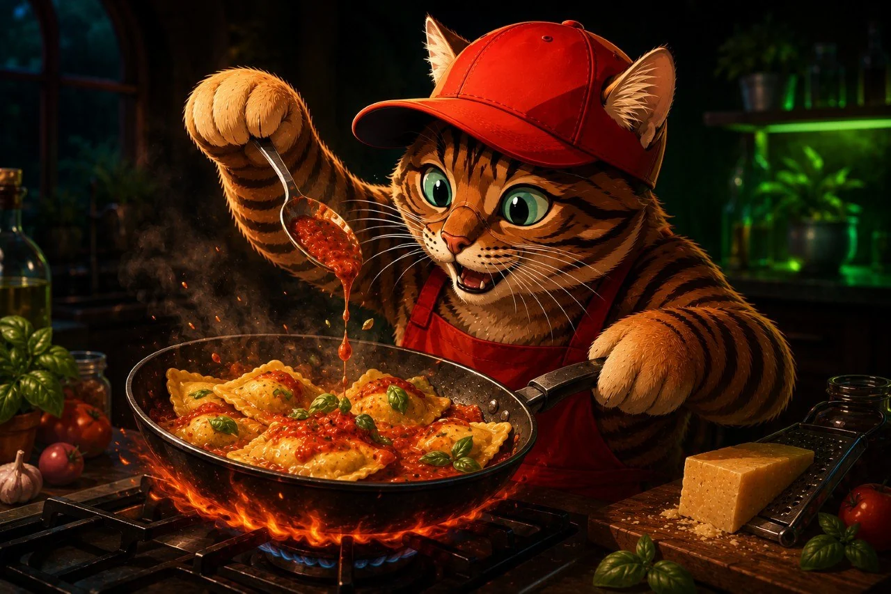 Corni serviert Miaul-Taschen in Tomatensauce