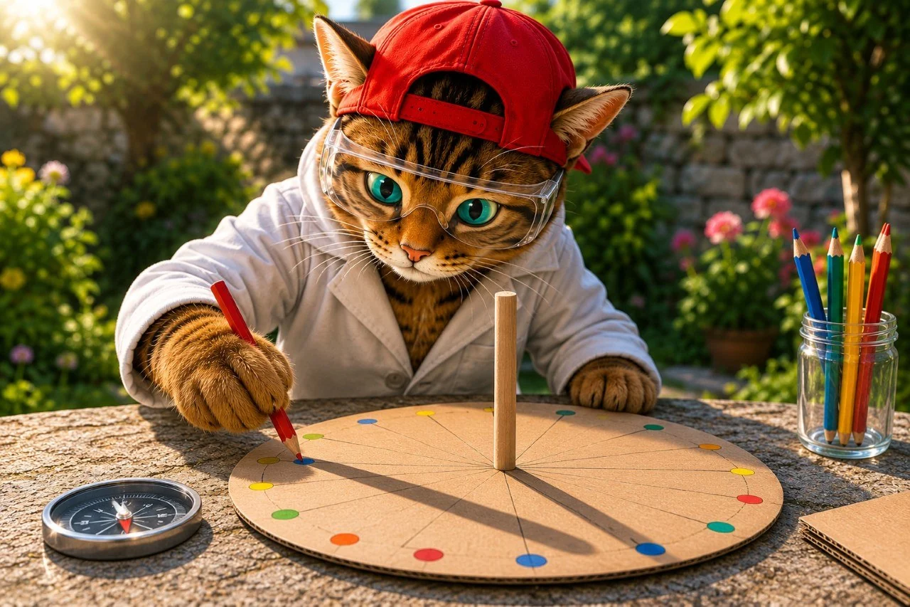 Corni markiert den Schattenstab einer selbst gebauten Sonnenuhr