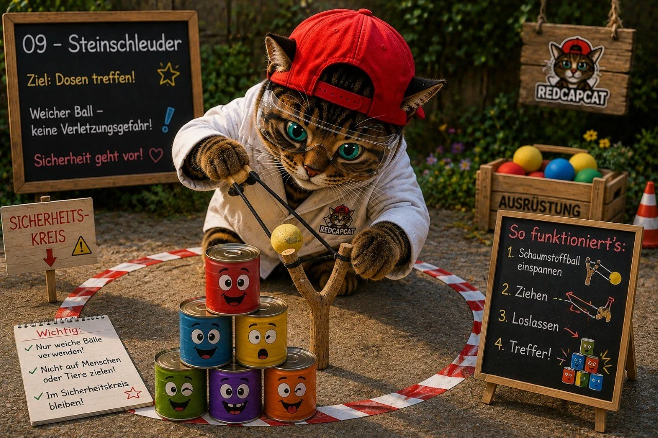 Corni lässt einen weichen Schaumstoffball an einer Schnur im Kreis laufen