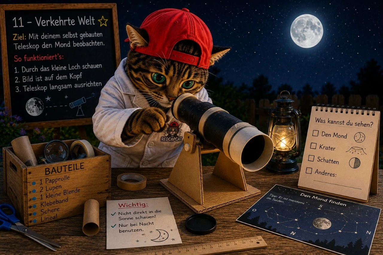 Corni beobachtet den Mond mit einem selbst gebauten Linsenfernrohr