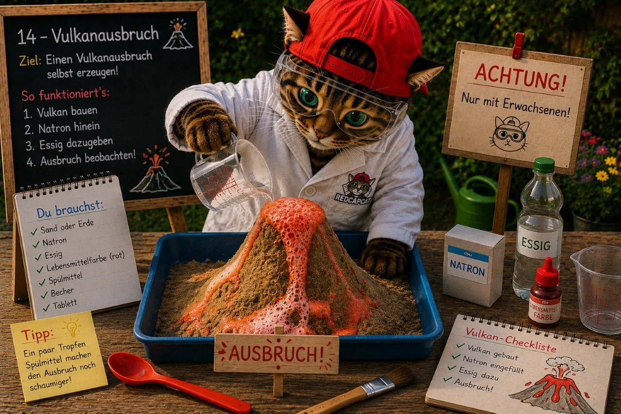 Corni lässt einen offenen Sandvulkan mit Natron und Essig schäumen