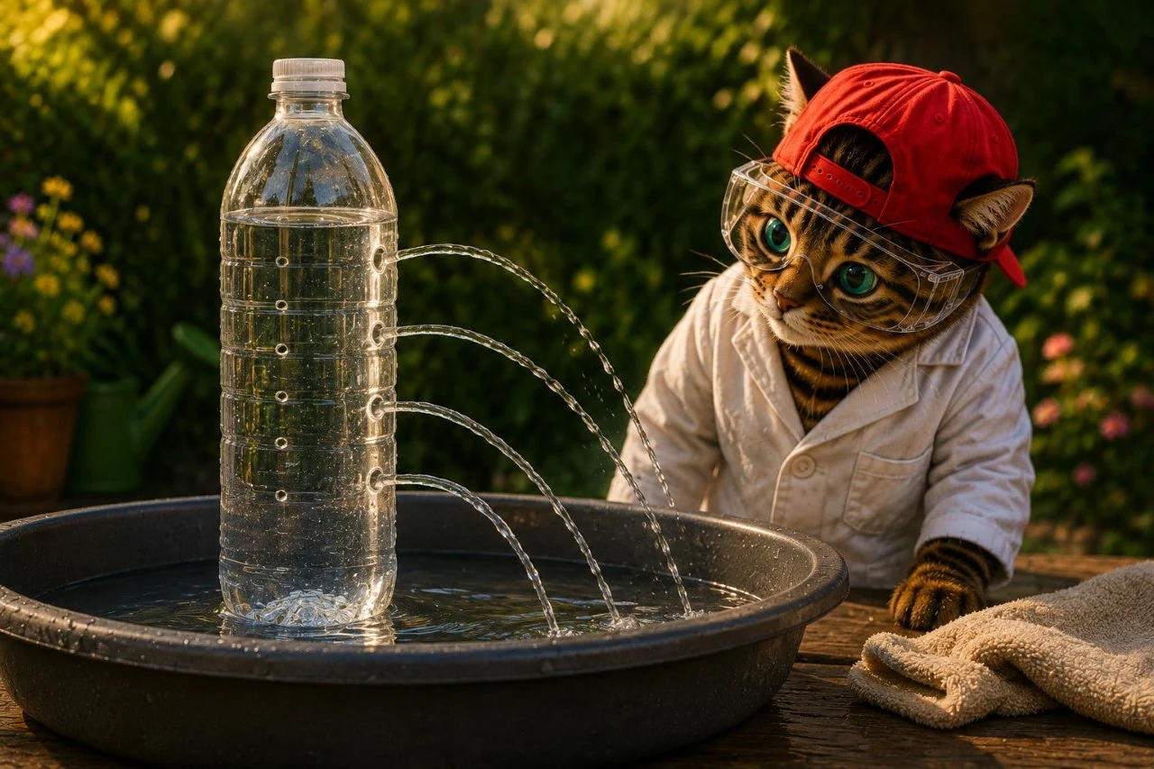 Corni beobachtet Wasserstrahlen aus vier unterschiedlich hohen Flaschenlöchern