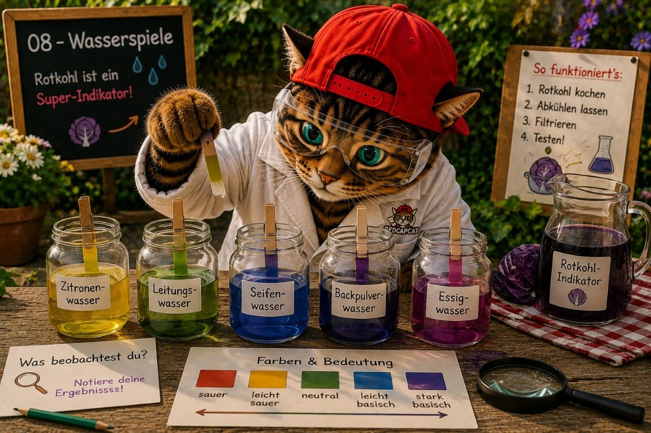 Corni vergleicht Wasserproben mit Rotkohl-Indikatorpapier
