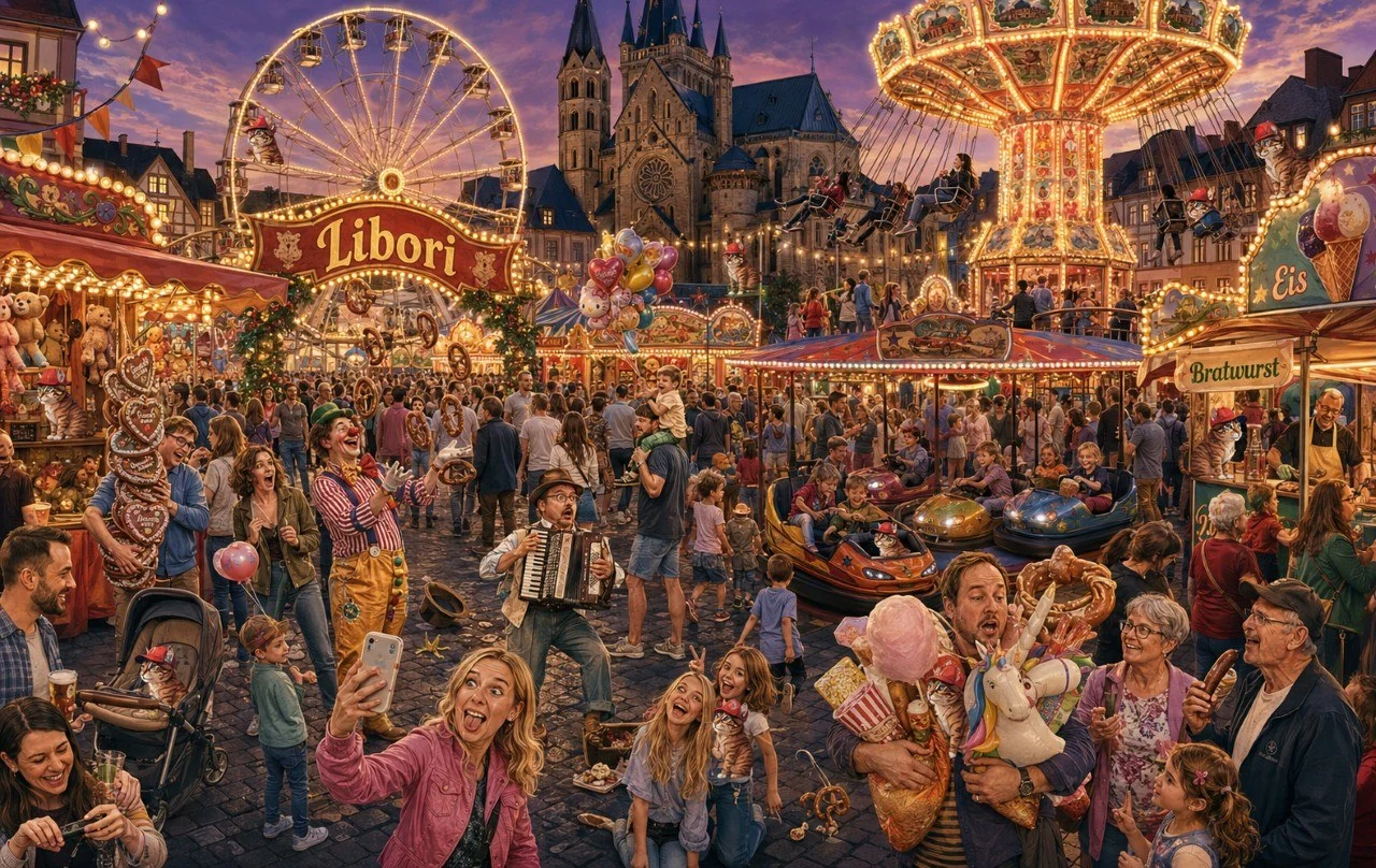 Großes Libori-Wimmelbild mit Fahrgeschäften, Menschen und versteckten Corni-Katzen