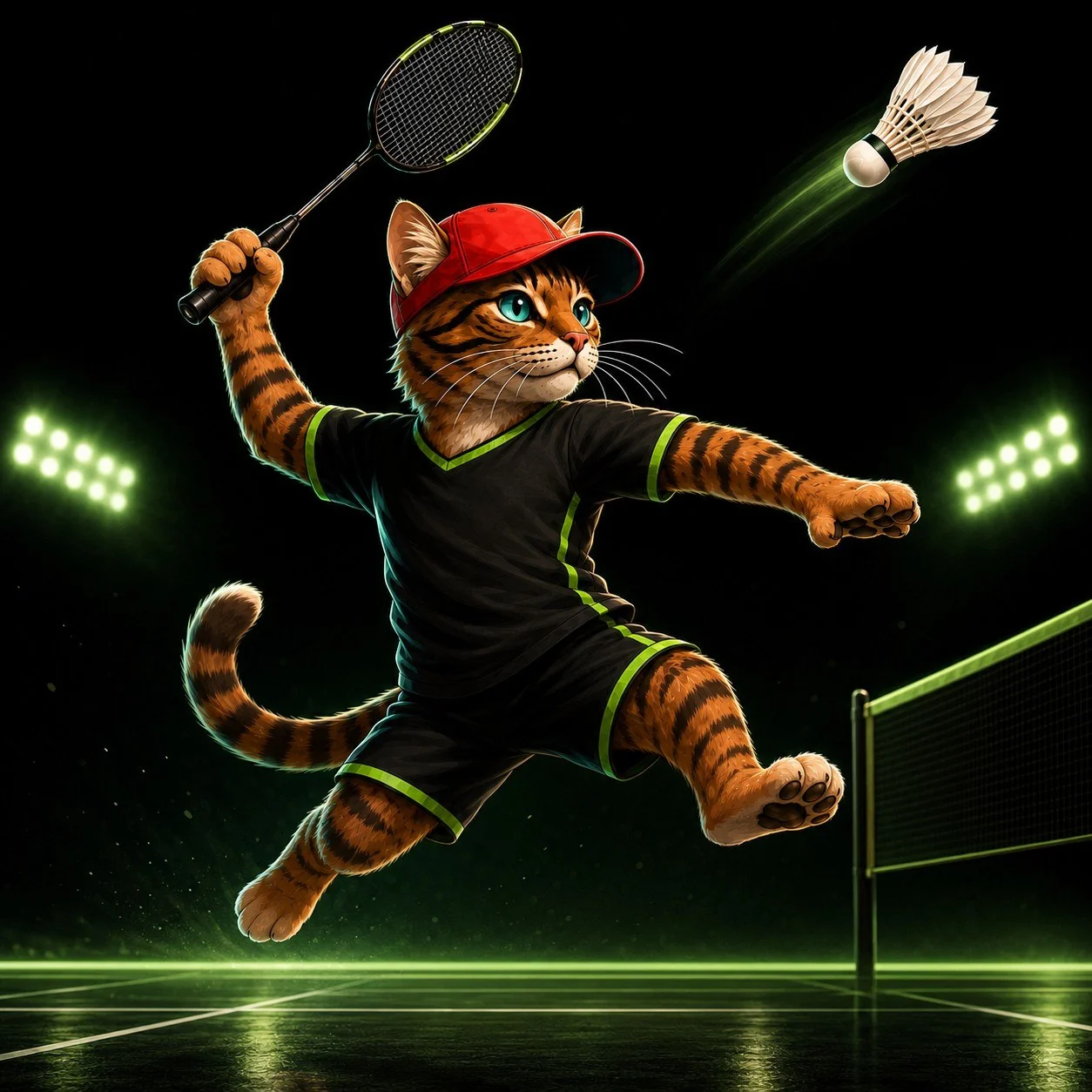 Corni springt beim Badminton zum Federball