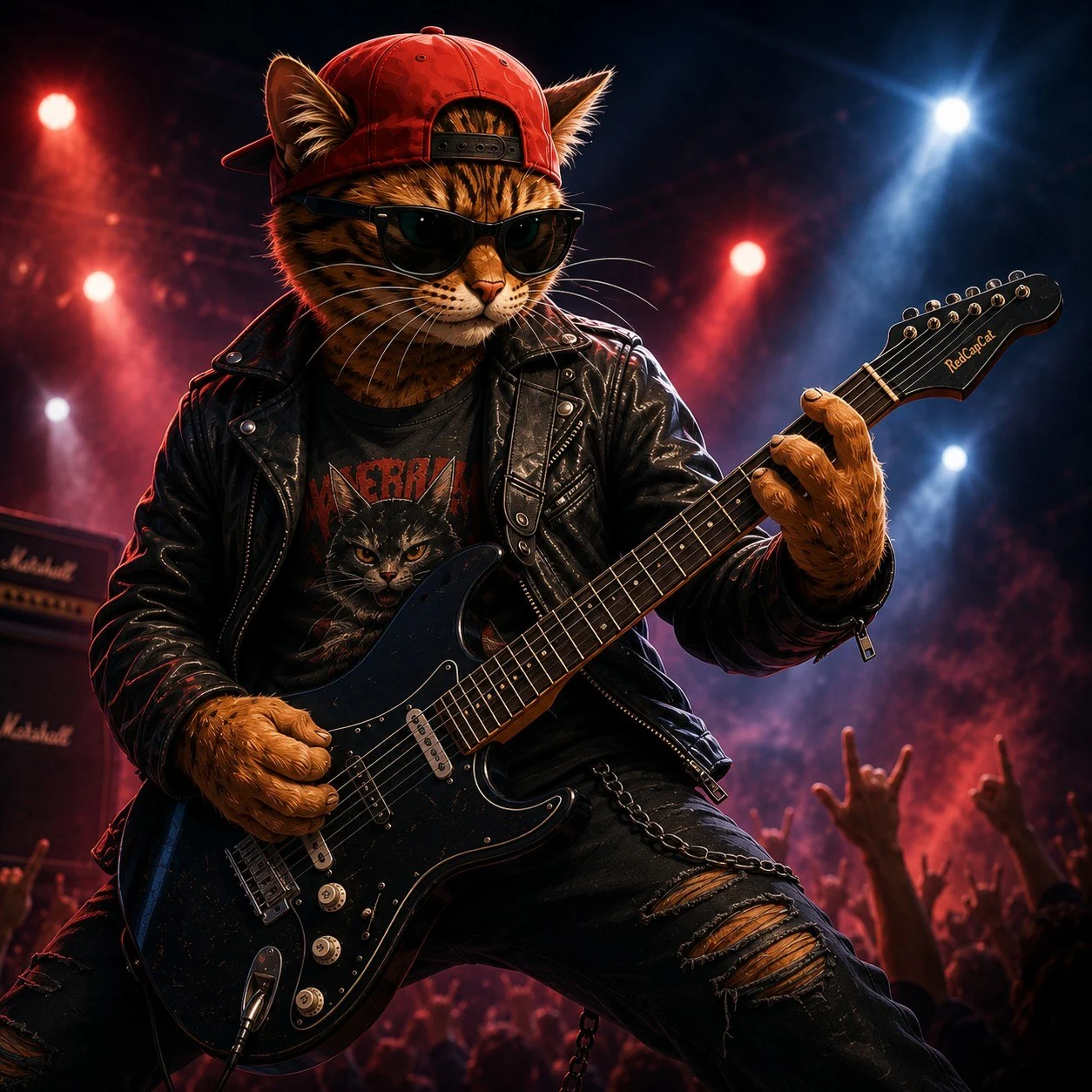 Corni spielt mit roter Basecap E-Gitarre auf einer Bühne