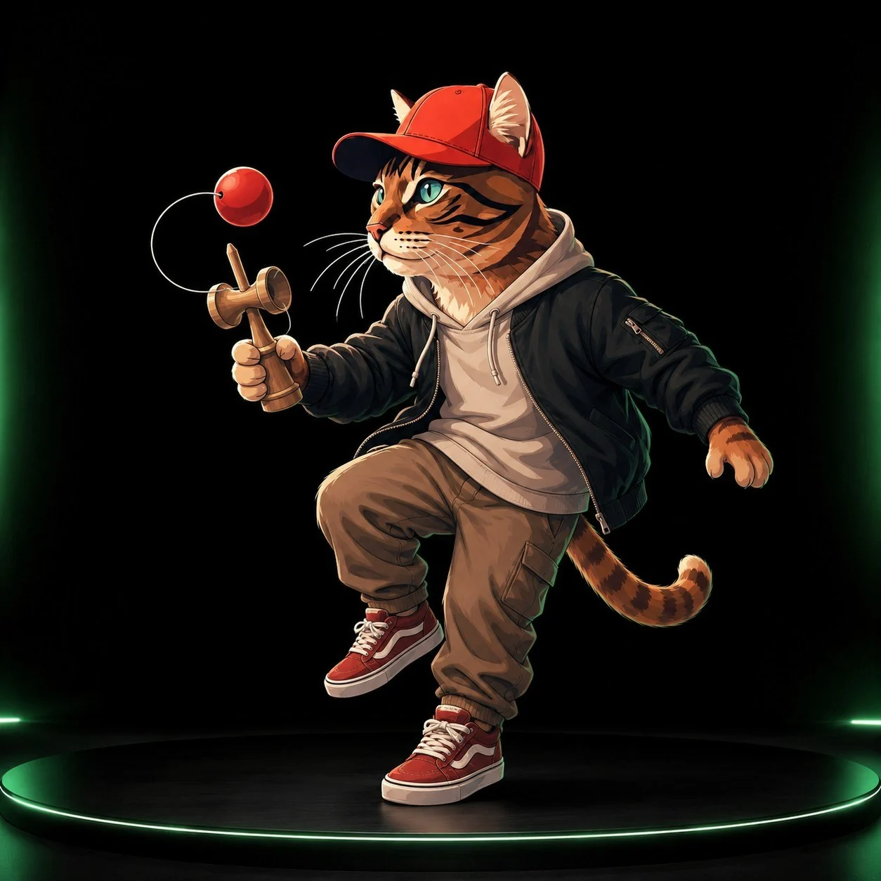 Corni balanciert beim Kendama die rote Kugel