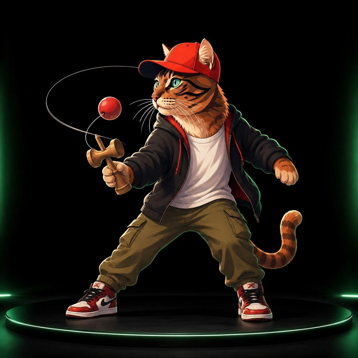 Corni spielt auf einer dunklen Bühne mit einem hölzernen Kendama